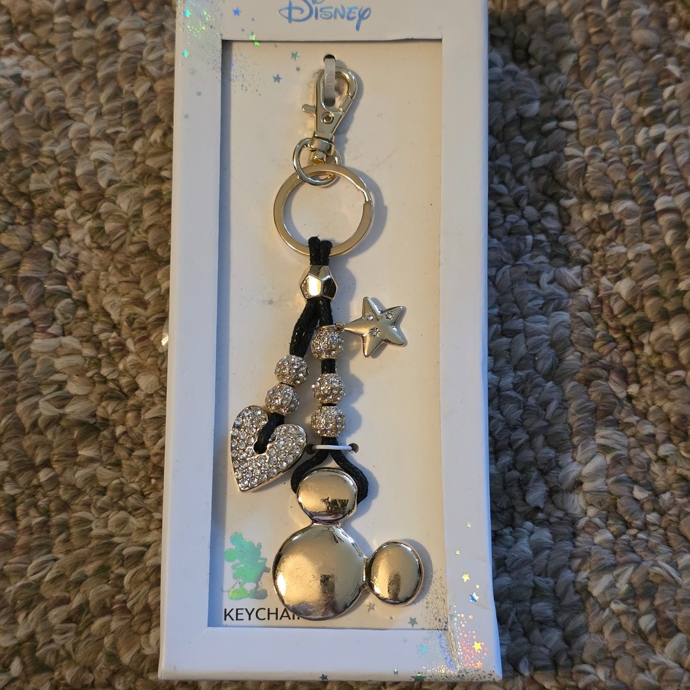 Disney Mickey Mouse Gold Tone Rhinestone Heart Star Keychain Charm LA Rocks New